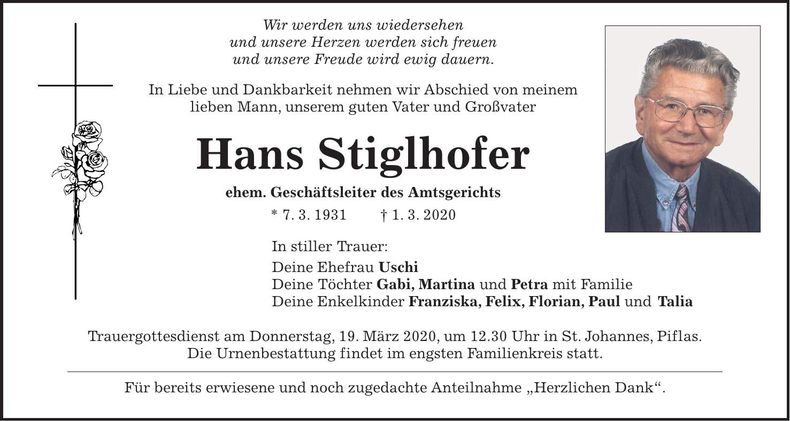 Traueranzeige Hans Stiglhofer