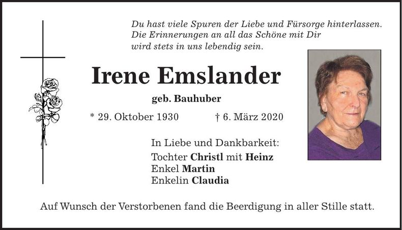 Traueranzeige Irene Emslander
