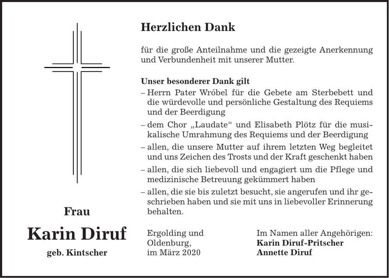 Traueranzeige Karin Diruf