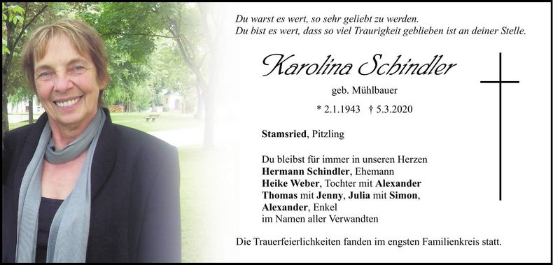 Traueranzeige Karolina Katharina Schindler