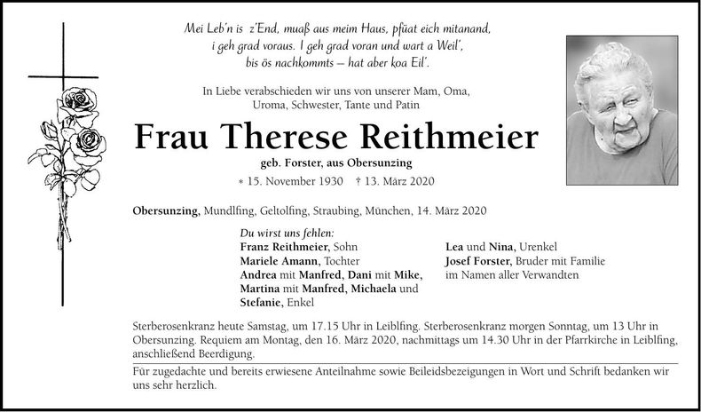Traueranzeige Therese Reithmeier