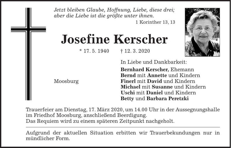 Traueranzeige Josefine Kerscher
