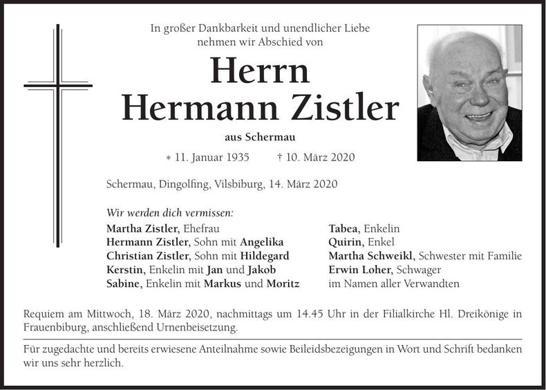 Traueranzeige Hermann Zistler
