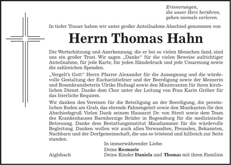Traueranzeige Thomas Hahn