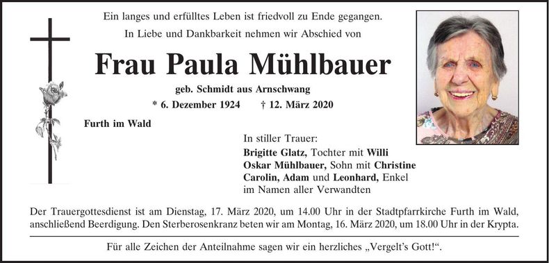 Traueranzeige Paula Mühlbauer
