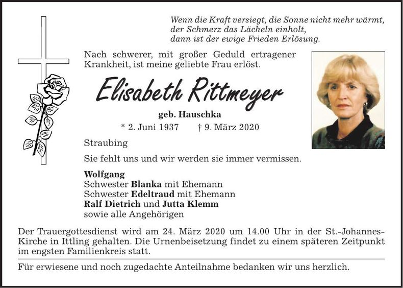 Traueranzeige Elisabeth Rittmeyer