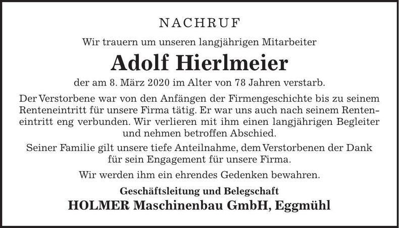 Traueranzeige Adolf Hierlmeier