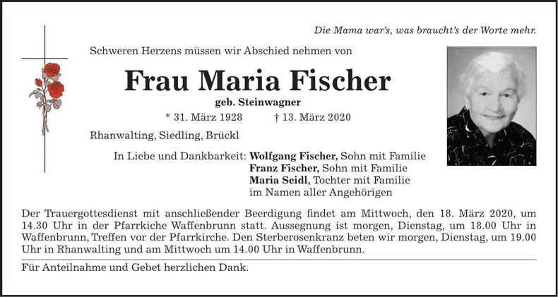 Traueranzeige Maria Fischer