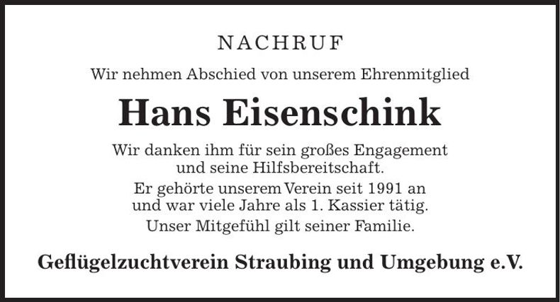 Traueranzeige Hans Eisenschink