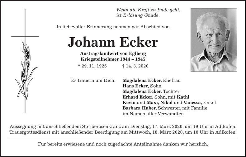 Traueranzeige Johann Ecker
