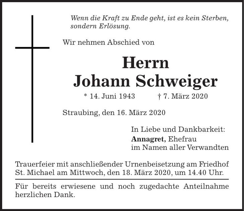 Traueranzeige Johann Schweiger