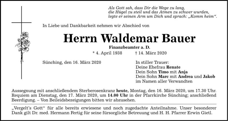 Traueranzeige Waldemar Bauer