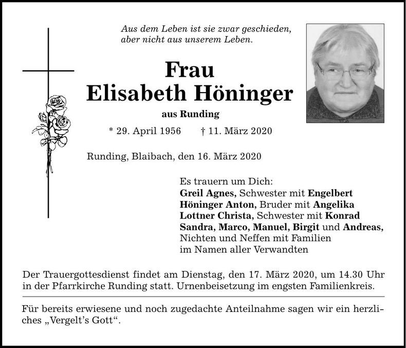 Traueranzeige Elisabeth Höninger