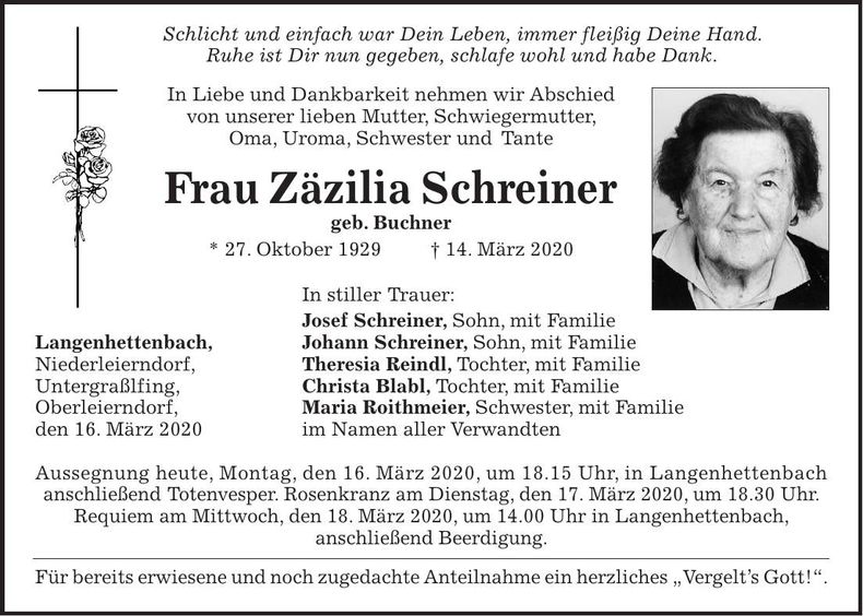 Traueranzeige Zäzilia Schreiner