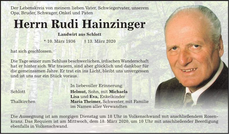 Traueranzeige Rudi Hainzinger
