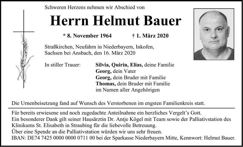 Traueranzeige Helmut Bauer