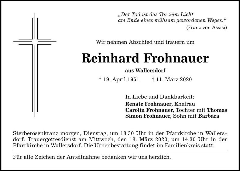 Traueranzeige Reinhard Frohnauer