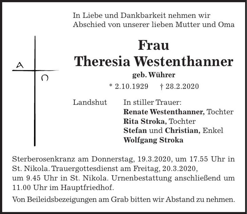 Traueranzeige Theresia Westenthanner
