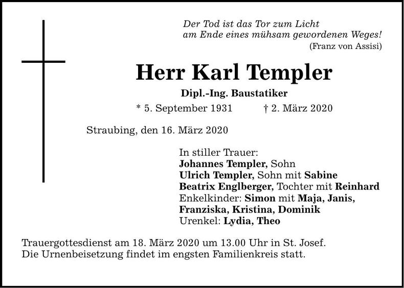 Traueranzeige Karl Templer