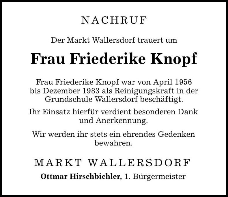 Traueranzeige Friederike Knopf