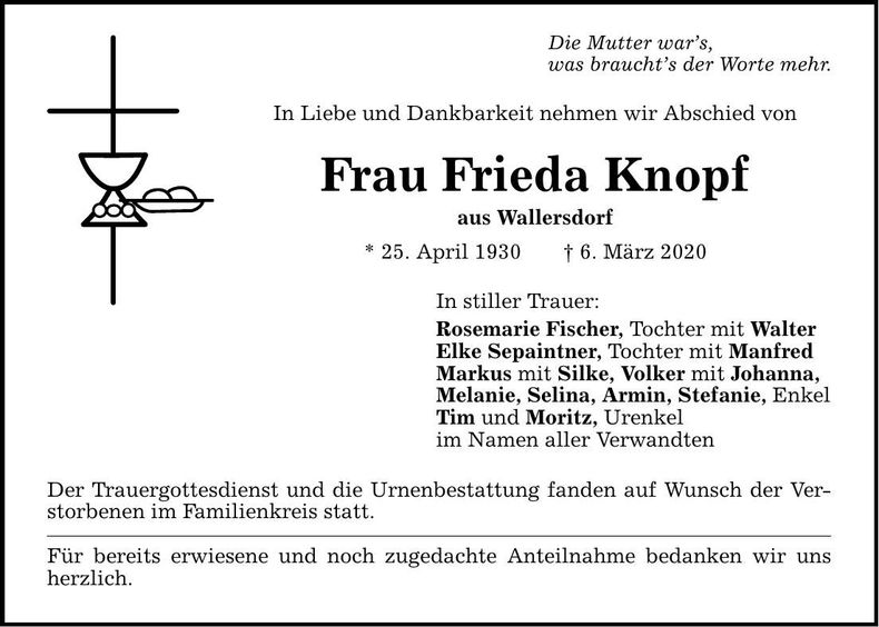 Traueranzeige Frieda Knopf