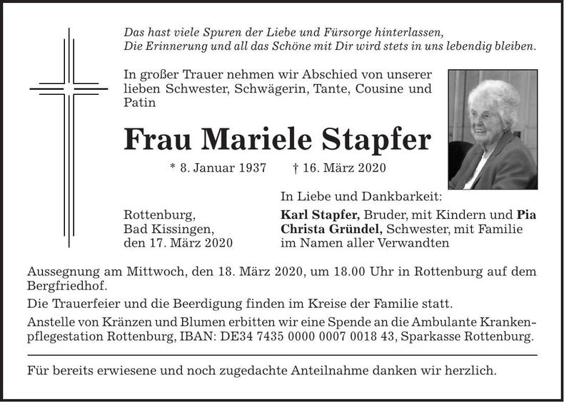 Traueranzeige Mariele Stapfer