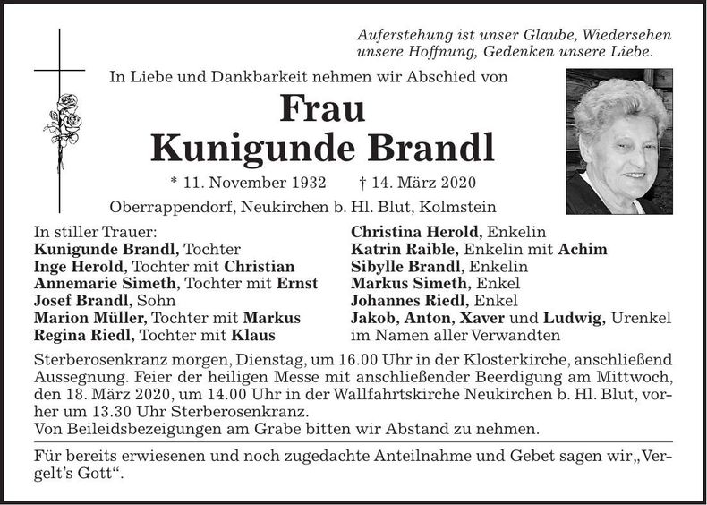 Traueranzeige Kunigunde Brandl