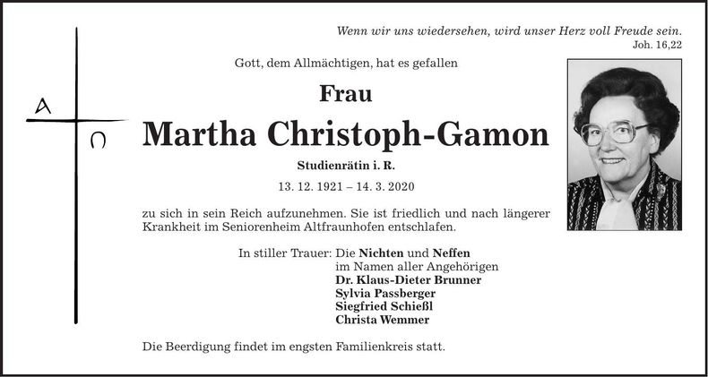 Traueranzeige Martha Christoph-Gamon