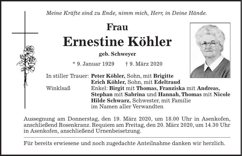 Traueranzeige Ernestine Köhler