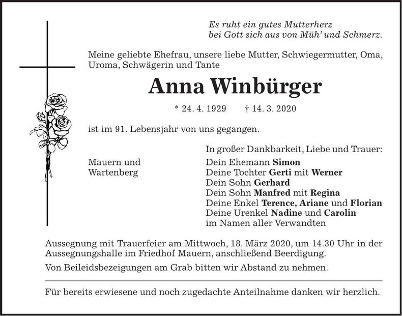 Traueranzeige Anna Winbürger