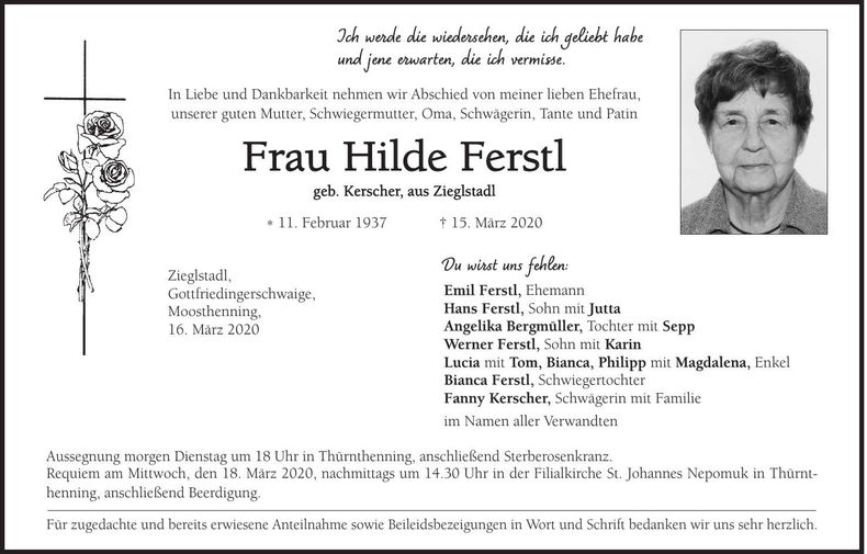 Traueranzeige Hilde Ferstl
