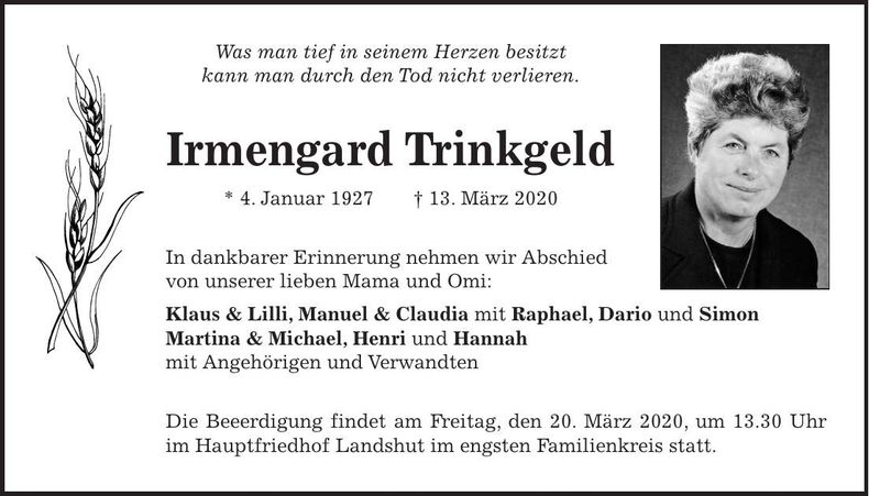 Traueranzeige Irmengard Trinkgeld