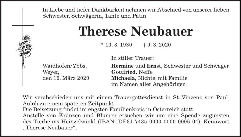 Traueranzeige Therese Neubauer