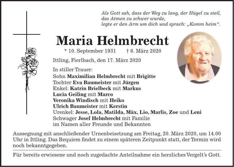 Traueranzeige Maria Helmbrecht