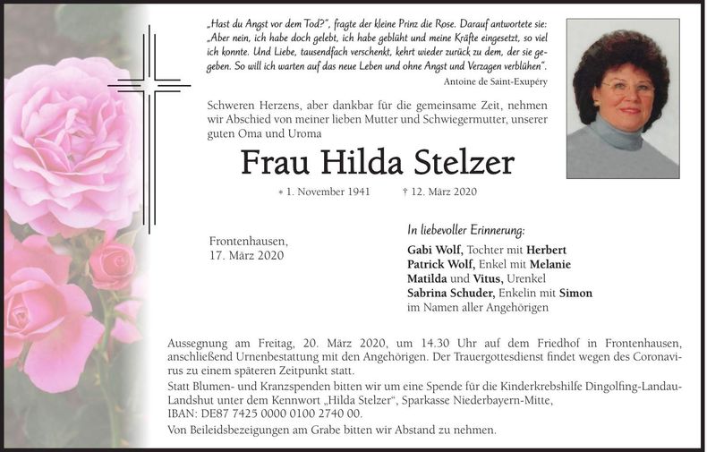 Traueranzeige Hilda Stelzer