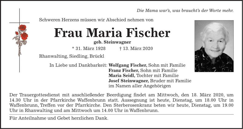 Traueranzeige Maria Fischer