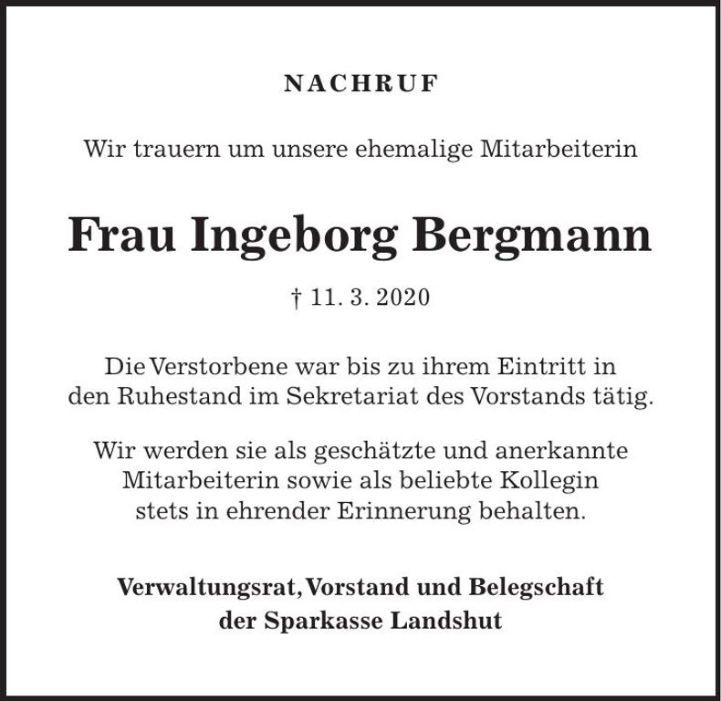Traueranzeige Ingeborg Bergmann