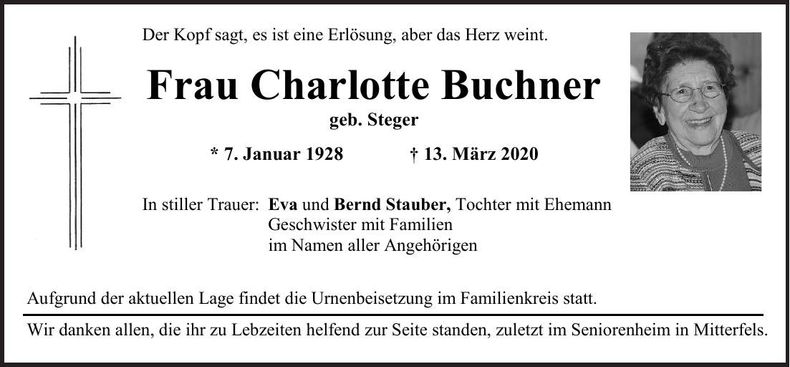 Traueranzeige Charlotte Buchner
