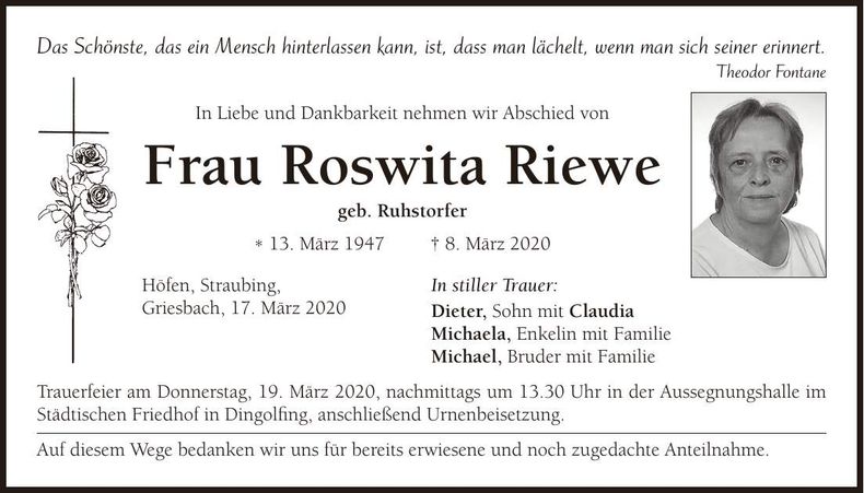 Traueranzeige Roswita Riewe