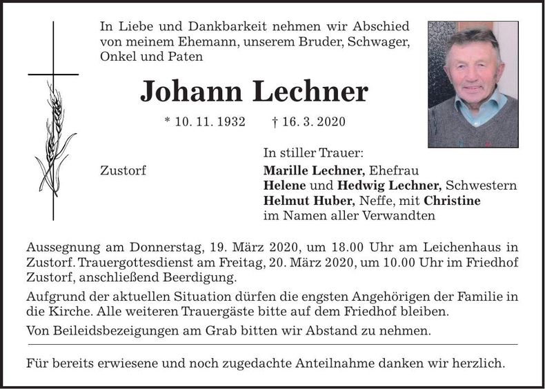Traueranzeige Johann Lechner