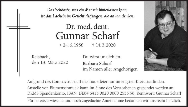 Traueranzeige Gunnar Dr. med. dent. Scharf