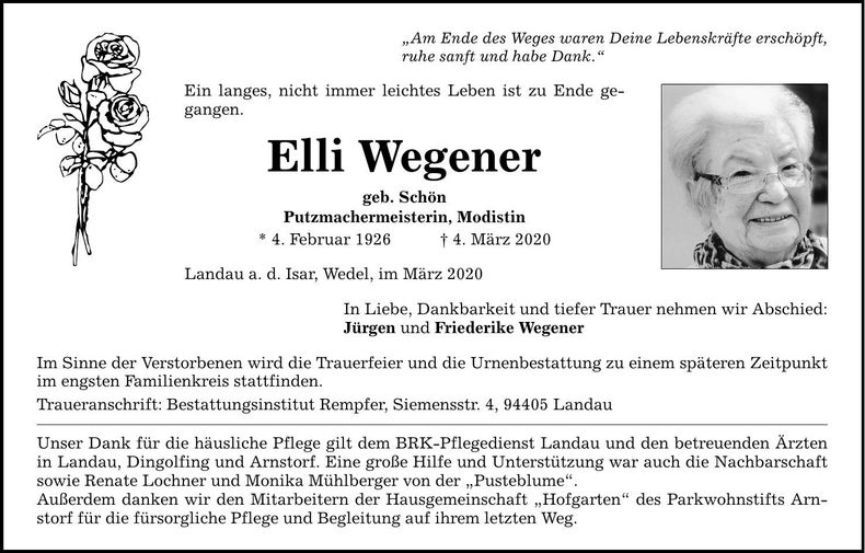 Traueranzeige Elli Wegener
