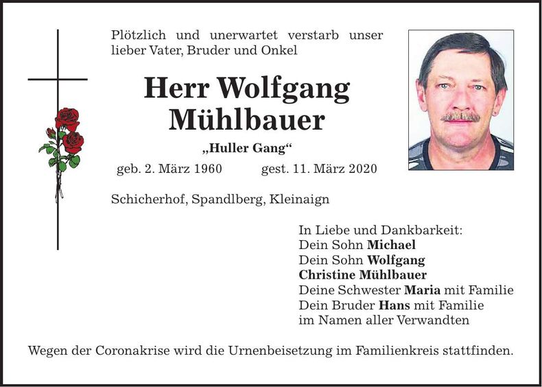 Traueranzeige Wolfgang Mühlbauer