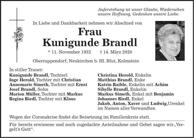 Traueranzeige Kunigunde Brandl