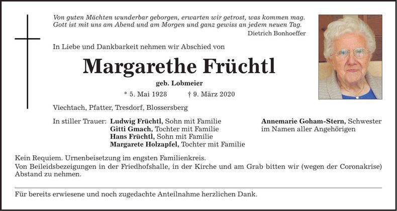 Traueranzeige Margarethe Früchtl