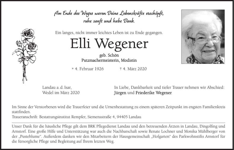 Traueranzeige Elli Wegener
