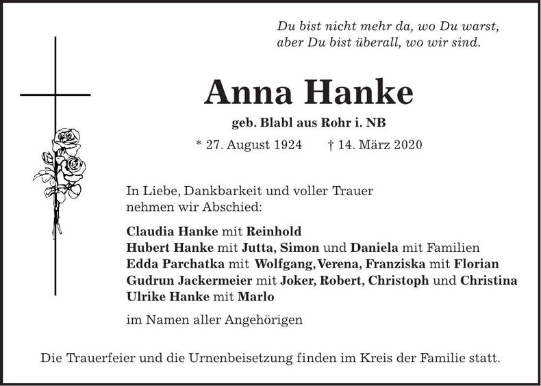 Traueranzeige Anna Hanke