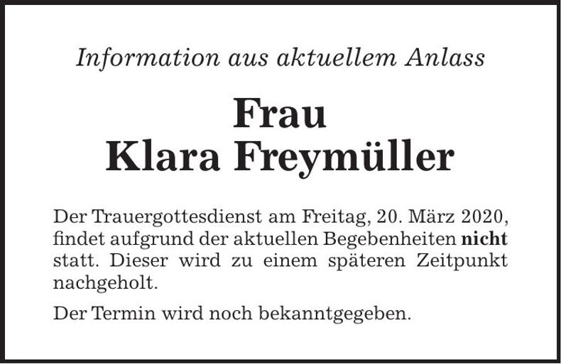 Traueranzeige Klara Freymüller