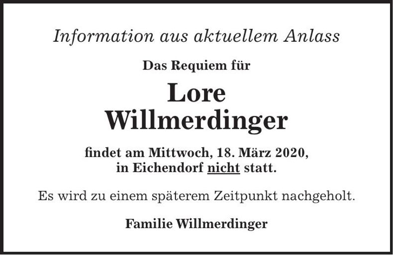 Traueranzeige Lore Willmerdinger