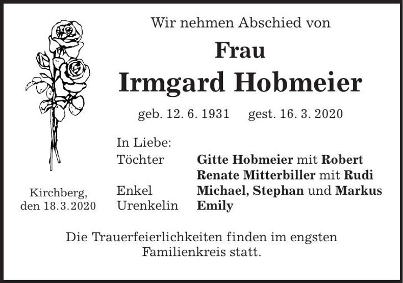 Traueranzeige Irmgard Hobmeier